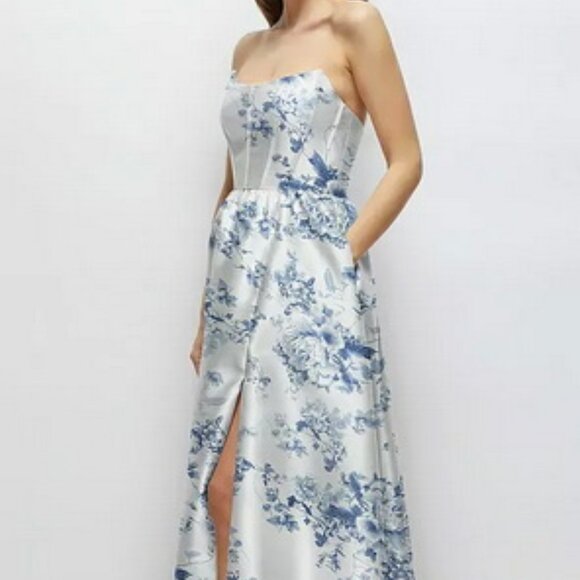 Alfred Sung Cottage Rose Floral Strapless Bustier Satin Gown 3152FP - Picture 3 of 6